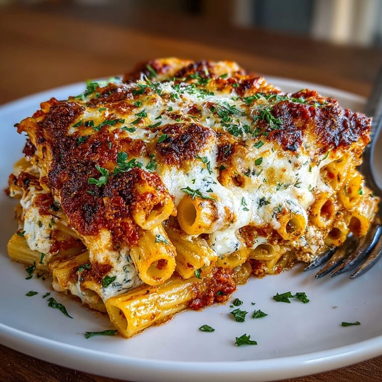 A delicious, easy Budget Baked Ziti casserole, ready for serving with fragrant parsley garnish.