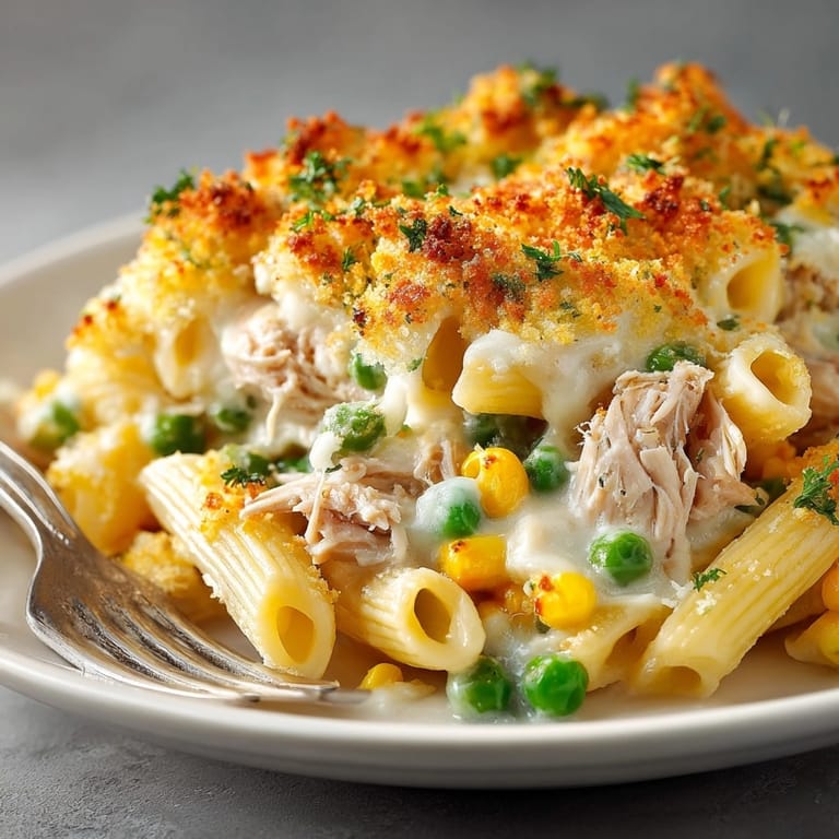 A delicious Creamy Tuna Pasta Bake with crispy breadcrumb topping on a rustic table.