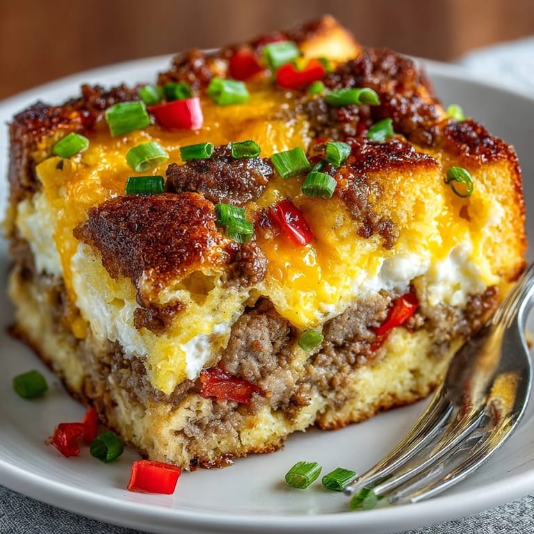 Fluffy Breakfast Sandwich Casserole, baked in a dish, with sausage and colorful peppers visible.
