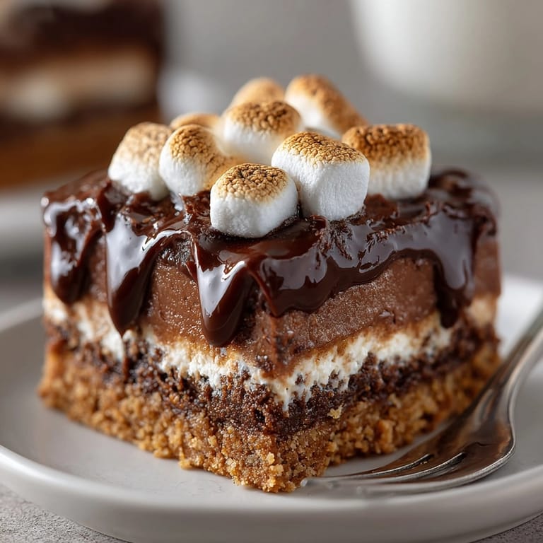 Easy No-Bake S'mores Bars recipe: crushed graham cracker crust with melted chocolate and marshmallow.