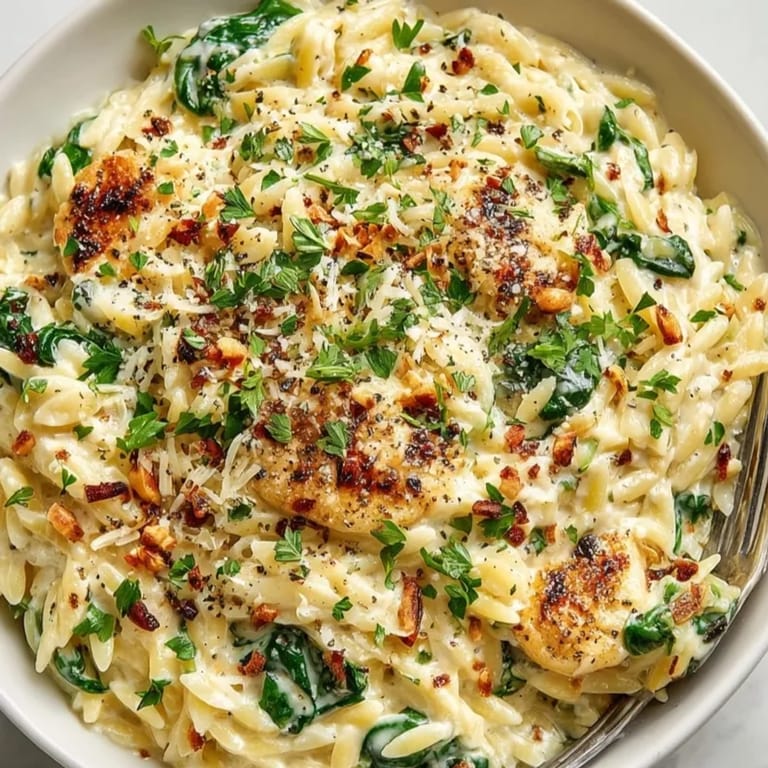 Easy weeknight Boursin Orzo recipe; spinach and herbs mingle in a rich sauce.