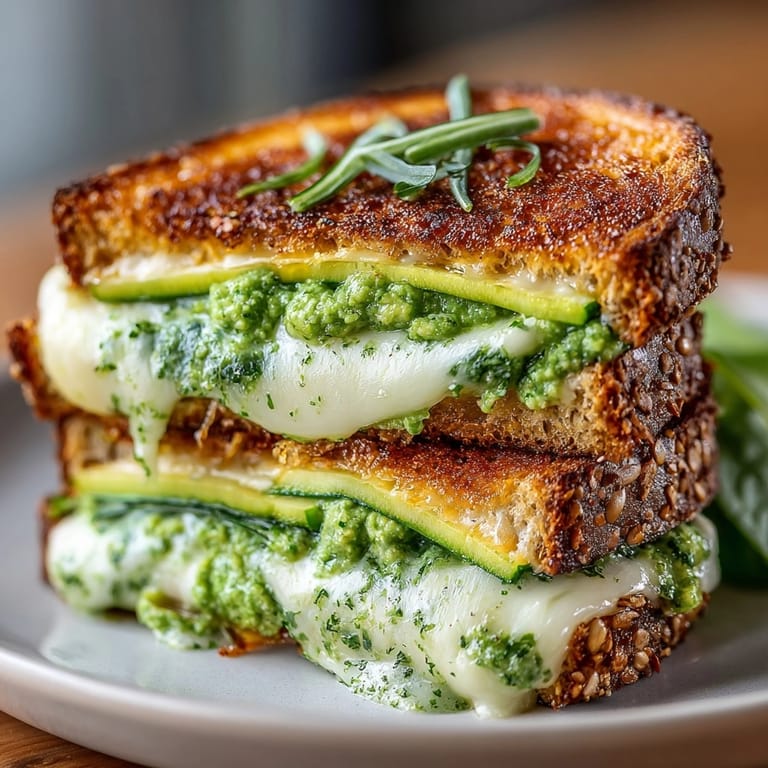 A freshly made Green Goddess grilled cheese, sliced in half, showing the cheesy, herby center.
