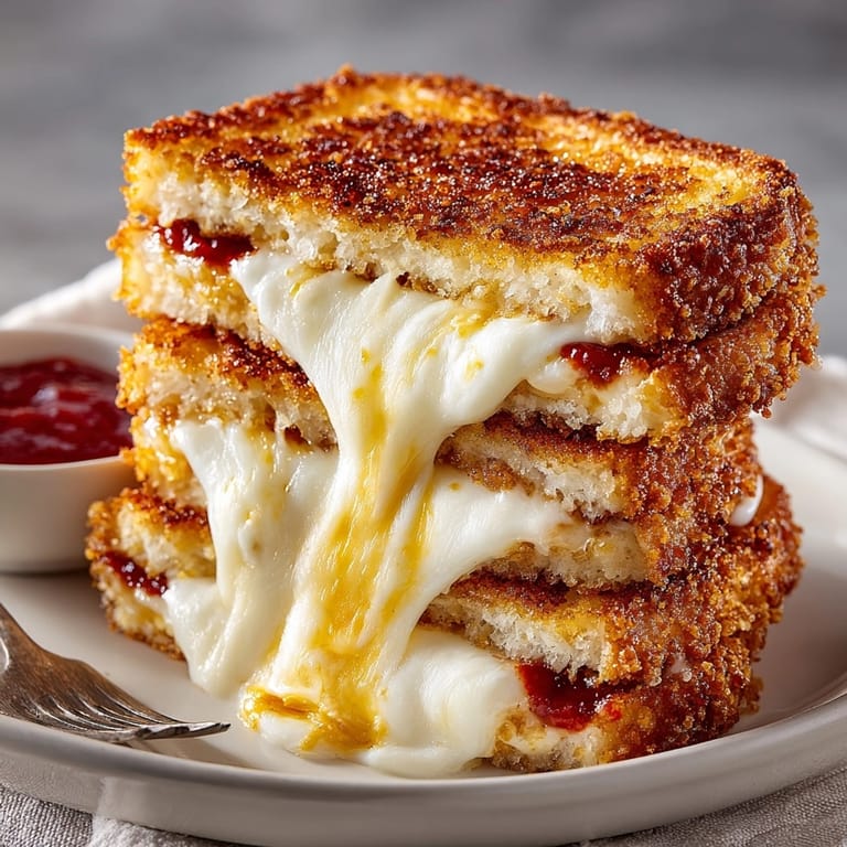 Close-up of a warm Mozzarella Stick Grilled Cheese, ready for marinara dipping.