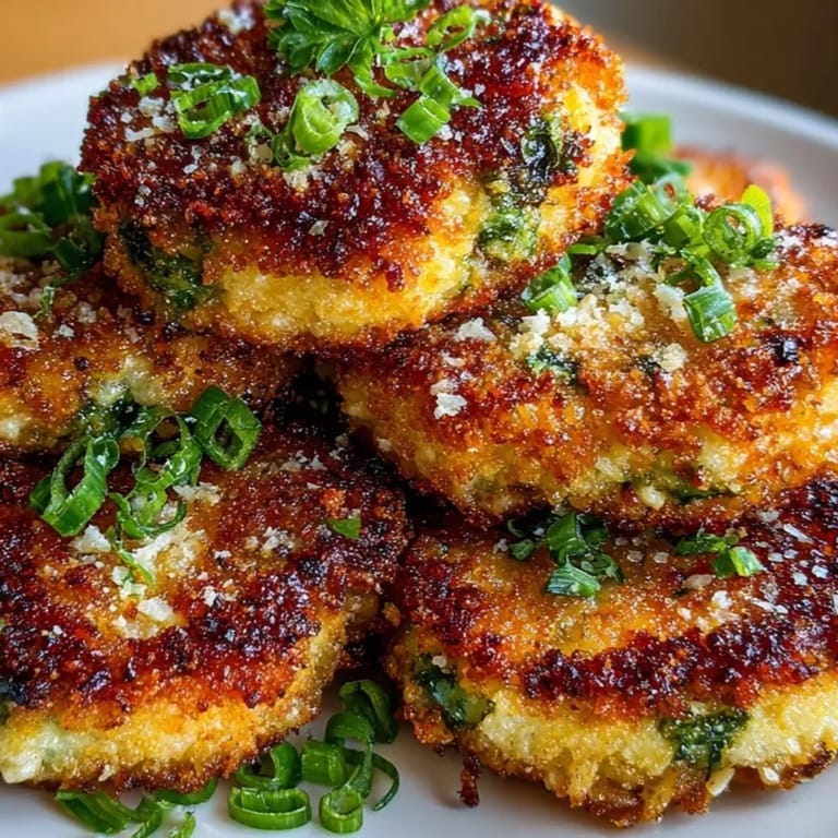 Close-up of cheesy Parmesan Crusted Orzo Cakes, warm, just waiting to be served.