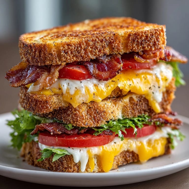 Close-up of a crusty BLT Grilled Cheese sandwich, melty, cheesy, with vibrant lettuce.