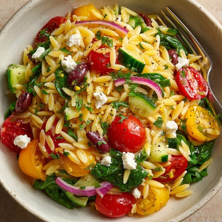 Creamy feta tops a lemon-infused Mediterranean Lemon Orzo, easy, healthy lunch idea.