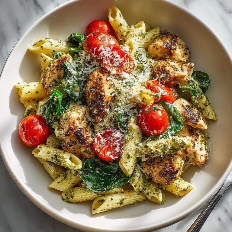Easy U.S. recipe: golden chicken and al dente pasta combine for One-Pan Chicken Pesto Pasta.