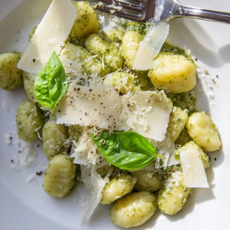 Quick and easy 15-Minute Pesto Gnocchi recipe, topped with fresh basil and grated Parmesan.