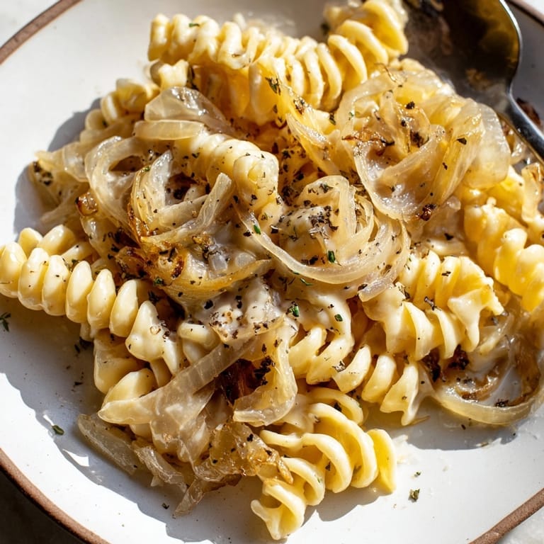 Creamy One-Pot French Onion Pasta: Close-up showing the melted Gruy&egrave;re and caramelized onions.