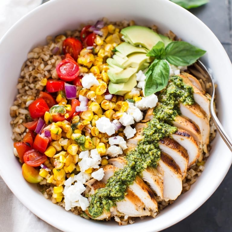 Close-up of vibrant Pesto Chicken &amp; Corn Salsa Bowls a flavorful healthy quick dinner.