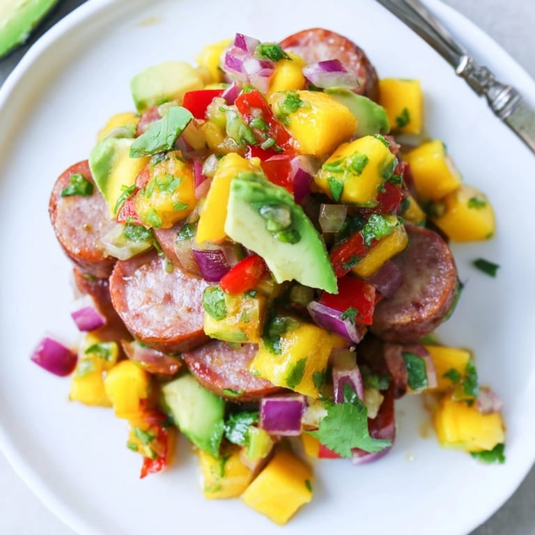 Tangy Mango Avocado Salsa with Chicken Sausage, served over cilantro lime rice.