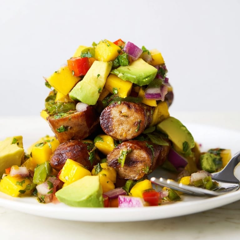 Golden grilled chicken sausage topped with vibrant homemade Mango Avocado Salsa, a flavorful bite.