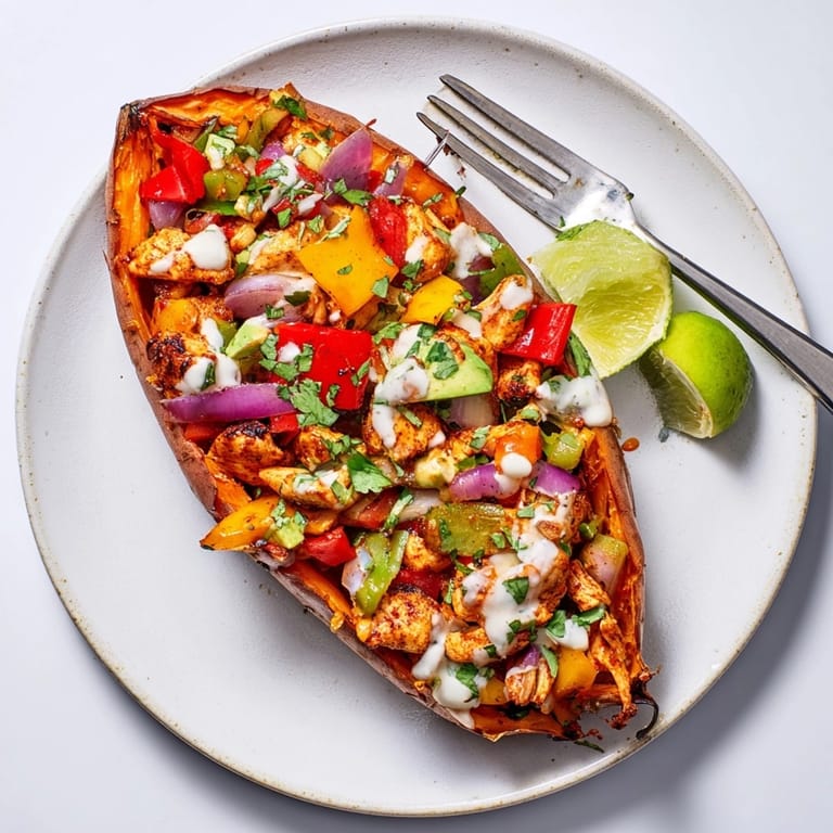 Close-up of juicy Cajun Chicken Sweet Potato Boats showcasing vibrant fillings and yogurt topping.