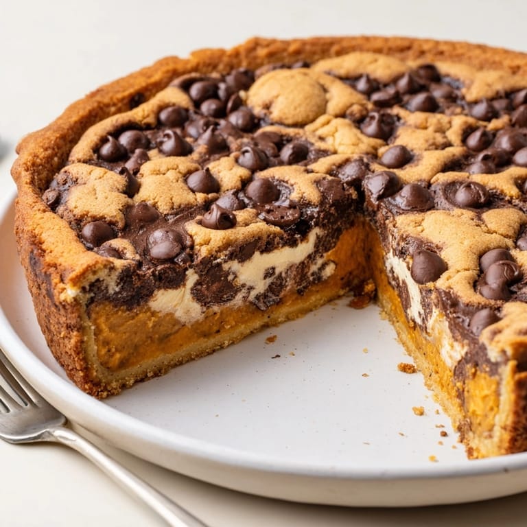 Close-up view of the Pumpkin Chocolate Chip Cookie Pie, showcasing its marbled pumpkin swirl.