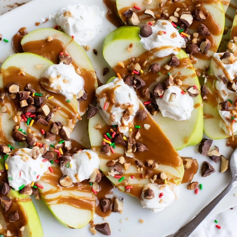 Close-up of homemade caramel apple nachos, a perfect sweet treat for kids and adults.