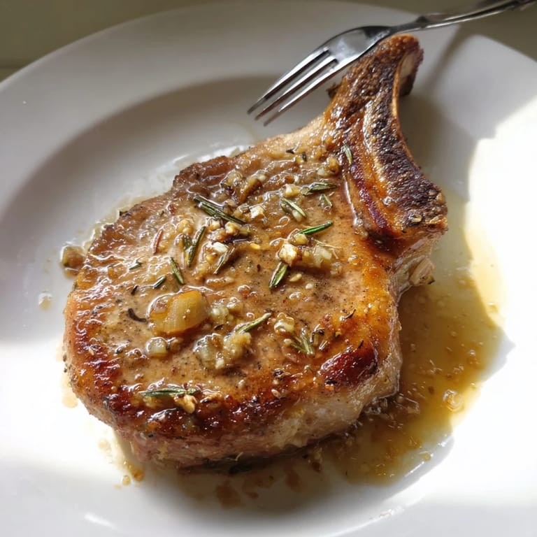Golden-brown pork chops infused with garlic and rosemary, perfect for any dinner.  