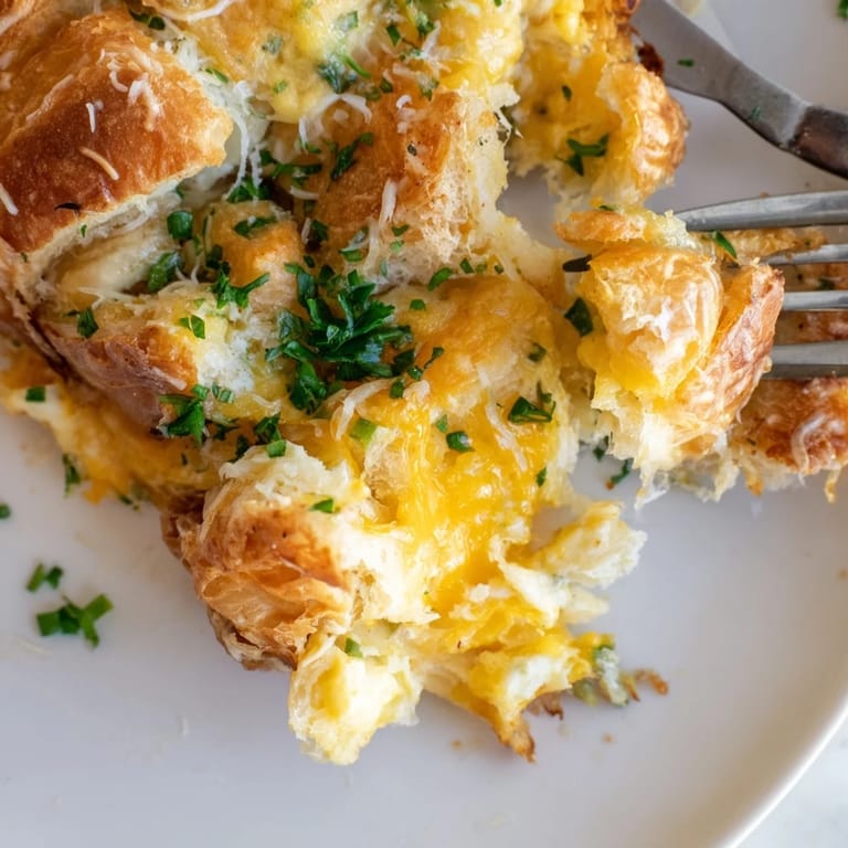 Savory Cheesy Garlic Egg Croissant Bake garnished with fresh herbs, ideal for brunch gatherings.  