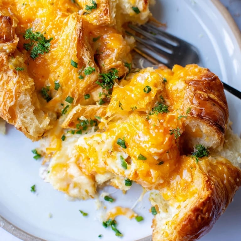 Warm, fluffy Cheesy Garlic Egg Croissant Bake with melted cheese and aromatic garlic flavors.