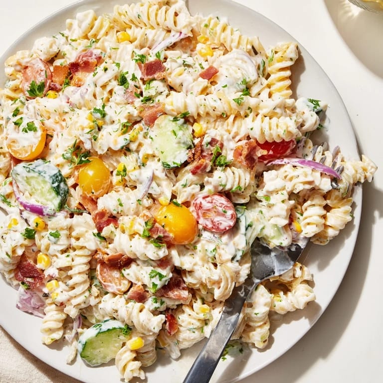 Savory pasta salad with smoky bacon and tangy ranch drizzled in rich Alfredo sauce.  