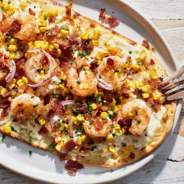 Savory Shrimp Corn Chowder Flatbread garnished with fresh chives and smoky bacon bites.  
