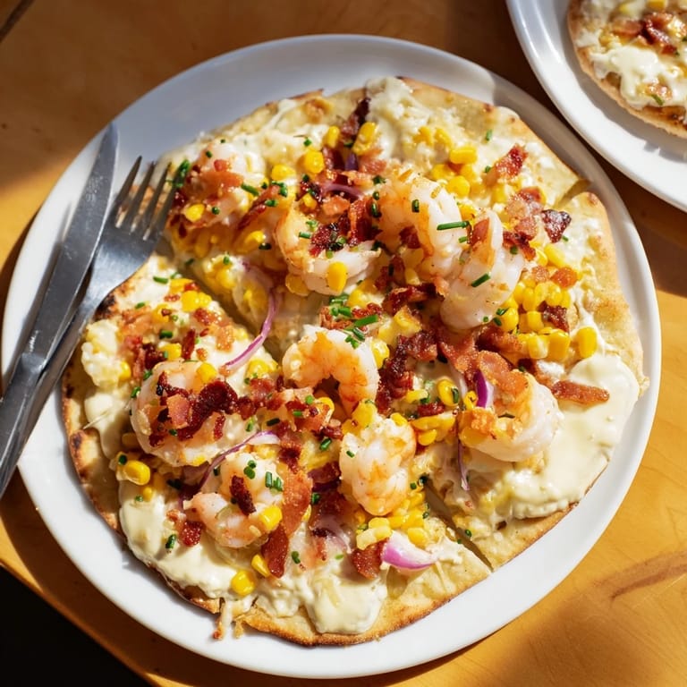 Deliciously baked Shrimp Corn Chowder Flatbread, perfect for sharing with friends.