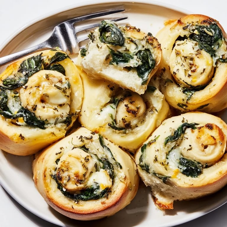 Warm, creamy Alfredo Garlic Spinach Pizza Rolls served with marinara for dipping delight.