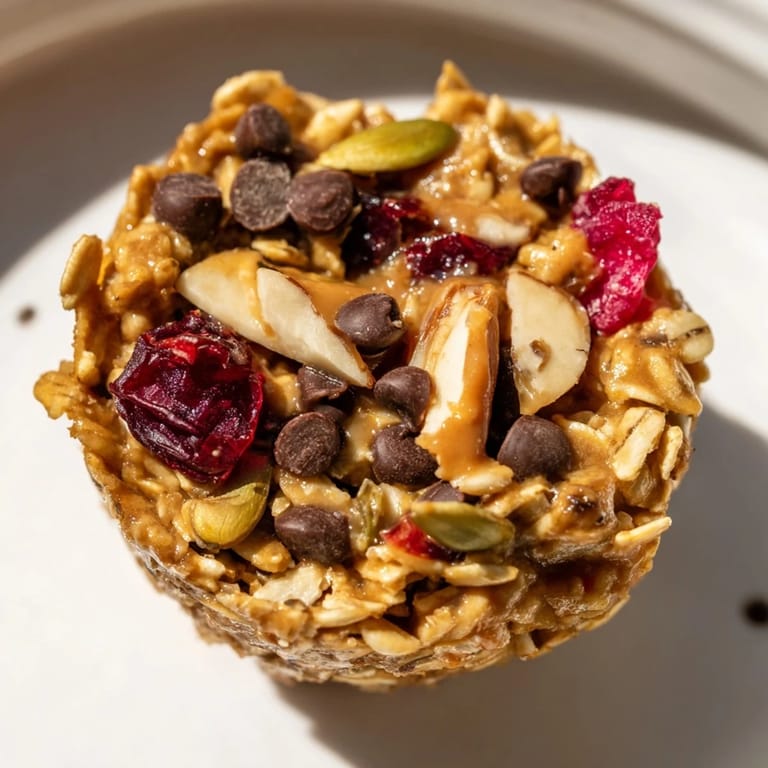 Nutty and sweet Peanut Butter Trail Mix Breakfast Cups topped with vibrant dried fruits.