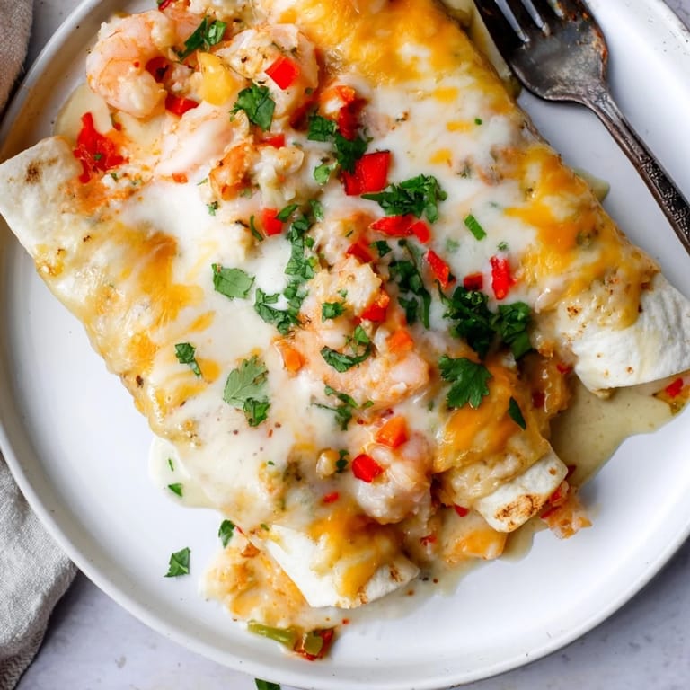 Savor the delightful Cheesy Garlic Shrimp Enchiladas topped with fresh cilantro and zesty sauce.  