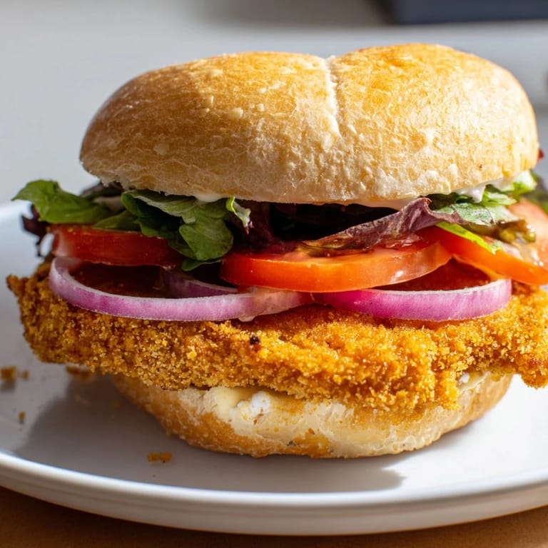 Golden pumpkin schnitzel nestled in a soft bun, layered with salad greens.  