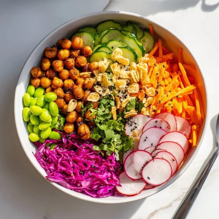 Colorful ASMR Crunch Snack Bowls topped with crunchy chickpeas and seeds for delightful snacking.  