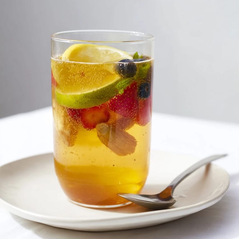 Homemade fermented drinks: Kombucha-style mocktails with fresh herbs and colorful berries.  