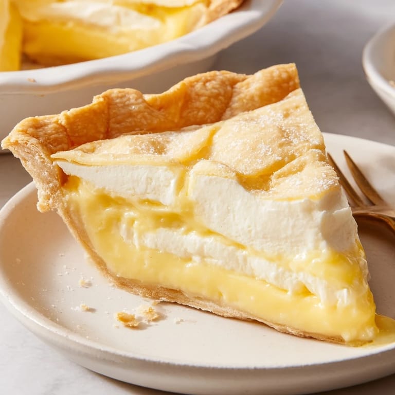 Nostalgic water pie topped with buttery flakes, a simple yet delightful dessert.  