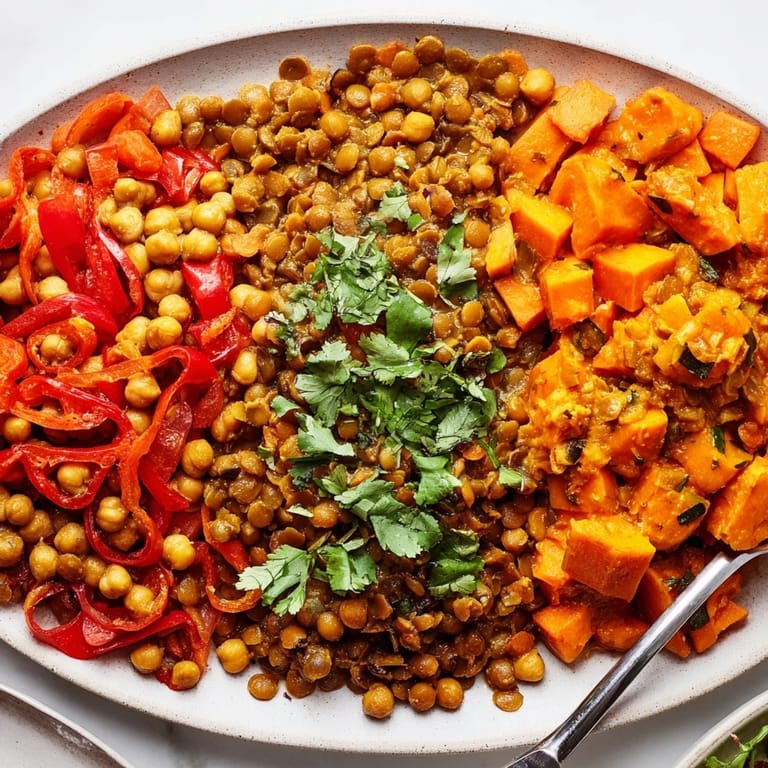 Colorful Thai Red Lentil Curry bubbling with vegetables and creamy coconut milk.  