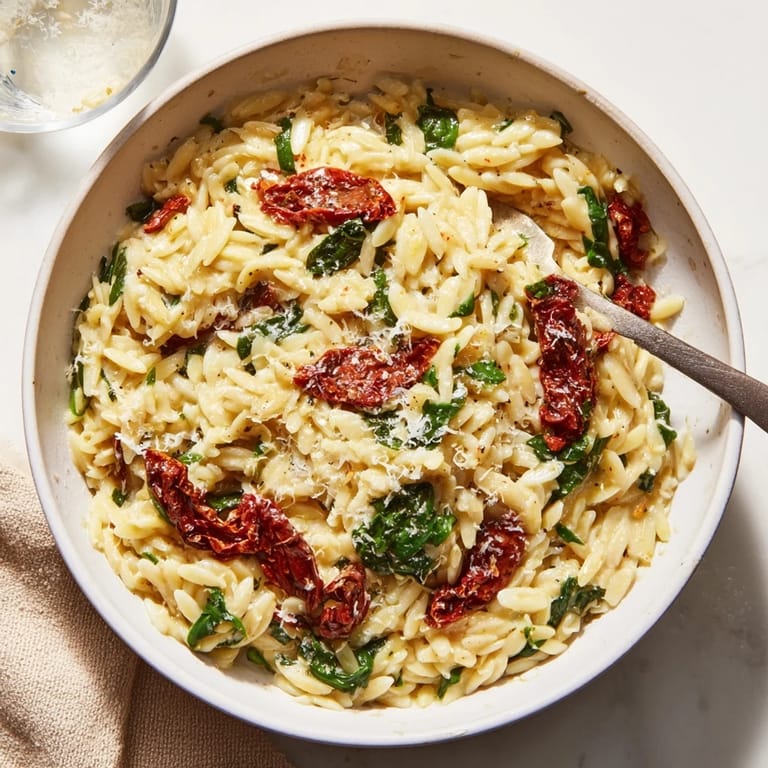 Bowl of Creamy Tuscan Orzo, garnished with sun-dried tomatoes and fresh herbs.  