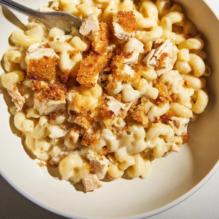 Mouthwatering Classic Mac & Cheese with BBQ Chicken, baked until bubbly and irresistible.