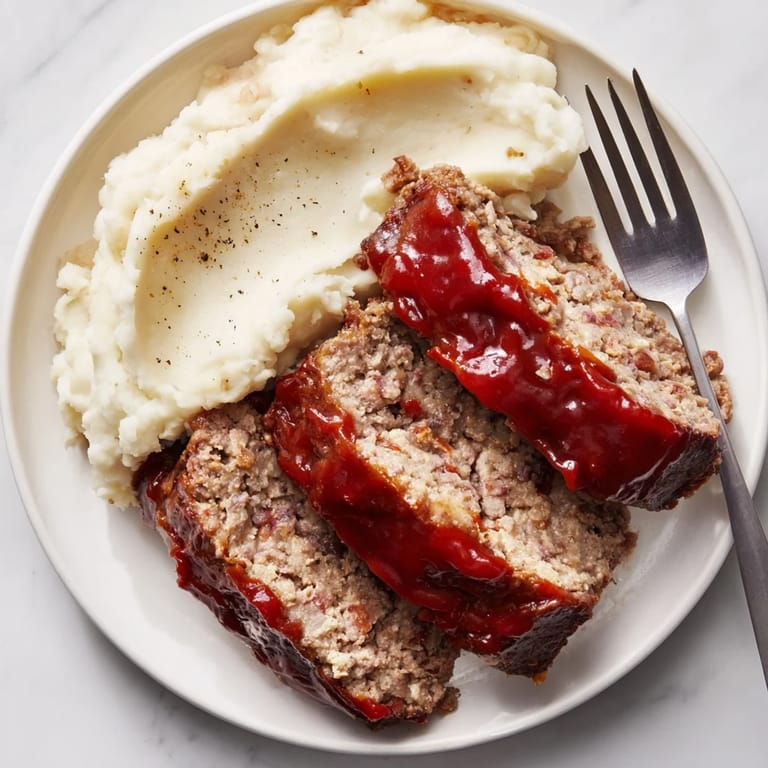 Golden, creamy mashed potatoes alongside rich Classic Meatloaf, perfect for family gatherings.  