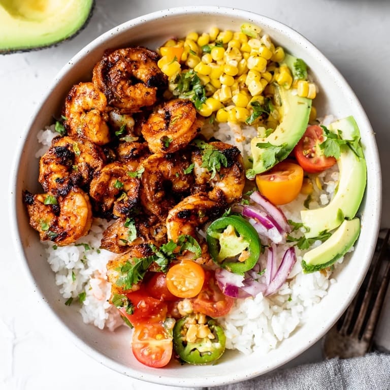 Bright and colorful Easy Grilled Shrimp Bowl served over fluffy rice with fresh toppings.