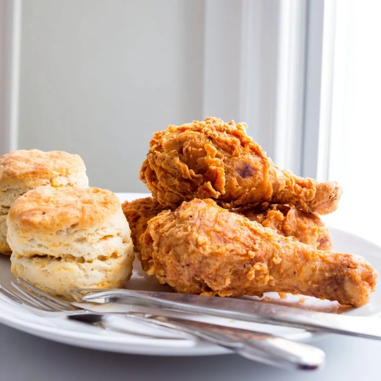 Juicy Southern Fried Chicken served with buttery, warm buttermilk biscuits for a hearty meal.