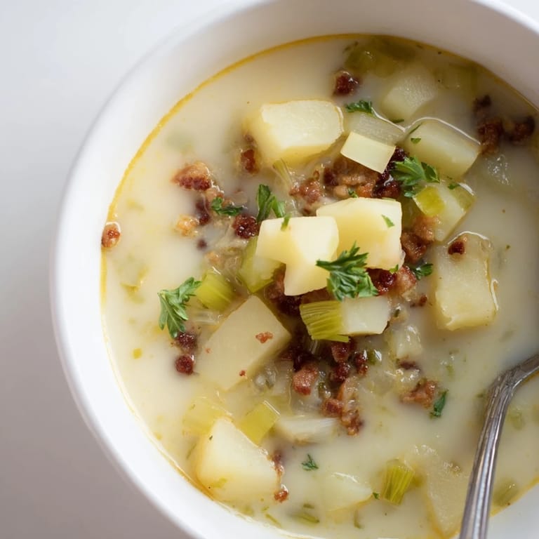 Hearty Potato, Leek & Chorizo soup bubbling in a pot, rich and inviting.  
