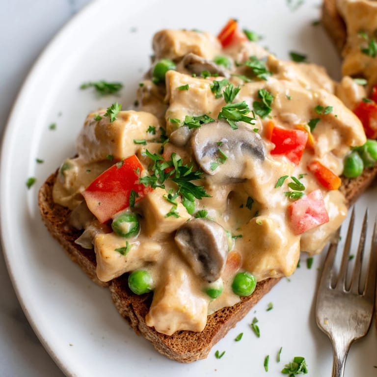 Homemade Chicken à la King featuring tender chicken and vibrant vegetables on toast.  