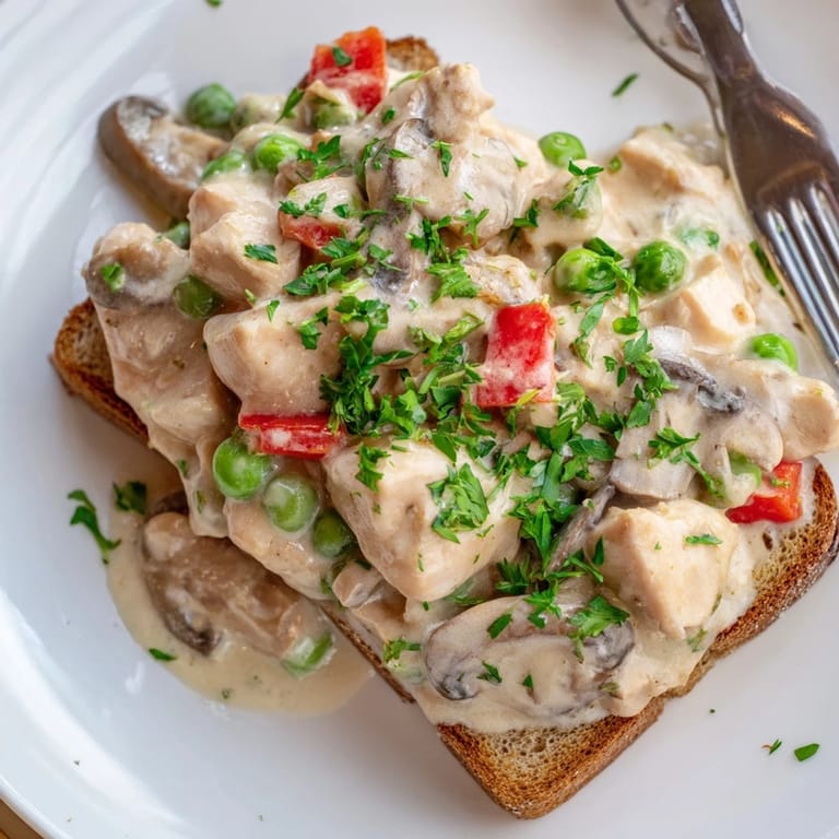 Delicious Chicken à la King served on golden toast, perfect for any meal occasion.