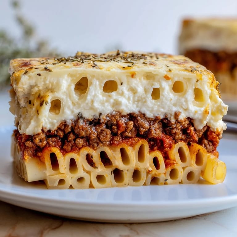 Satisfying Greek pastitsio ready to serve, showcasing rich flavors and creamy layers.