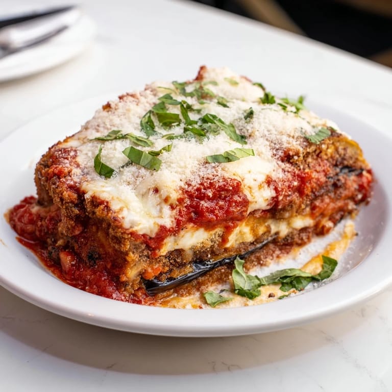 Sizzling slices of Eggplant Parmesan Lasagna, bursting with flavor and topped with melted mozzarella.  