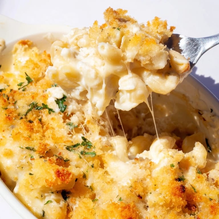 Decadent truffle macaroni and cheese drizzled with extra truffle oil and parsley garnish.  