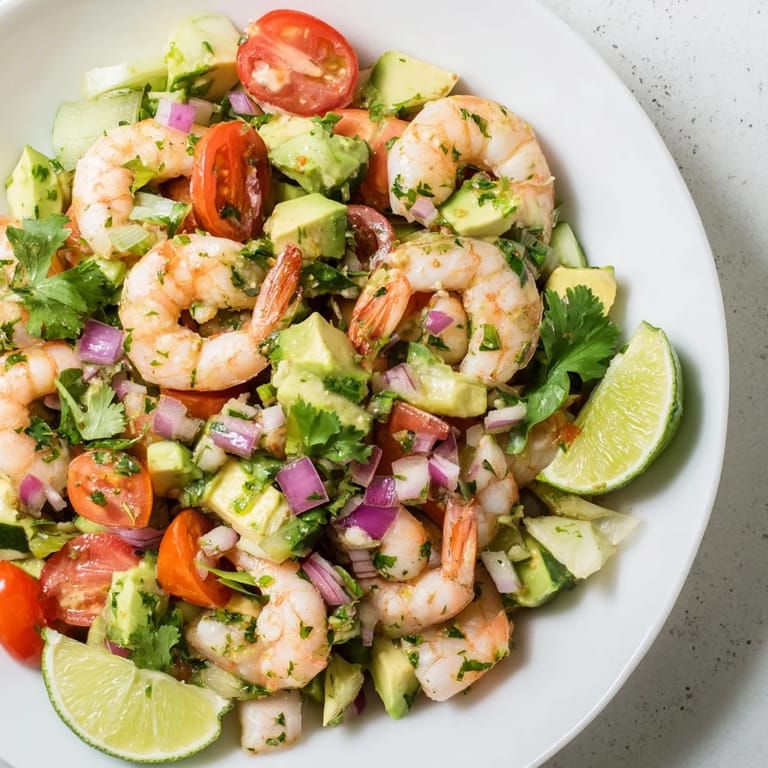 Vibrant avocado lime shrimp salad served on a bed of crisp romaine.  