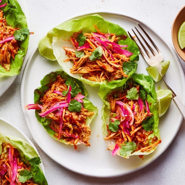 Smoky BBQ jackfruit nestled in crisp lettuce leaves, ideal for a healthy meal.  