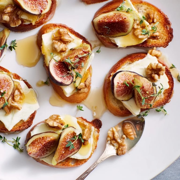 Rich Fig & Walnut Brie Crostini garnished with honey, ideal for elegant appetizer spreads.