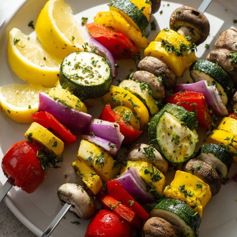 Vibrant, grilled lemon herb veggie skewers showcase healthy seasonal vegetables.  