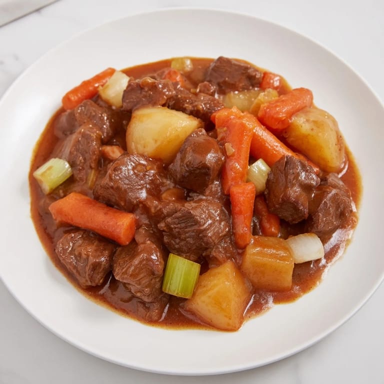 Close-up of savory Crockpot Beef Stew with chunks of beef and vibrant vegetables, ready to serve.