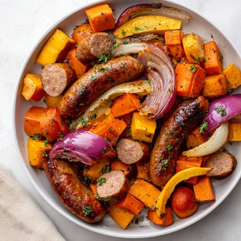 Golden-brown sheet pan roasted sausage, squash, & vegetables, mingling with tender roasted autumn flavors and herbs.